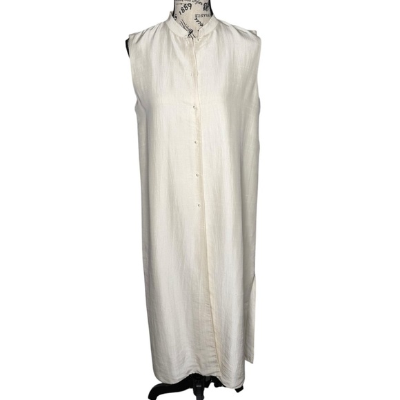 Eileen Fisher Silk Side Slit Sleeveless Full Button Midi Dress M Mandarin Collar - Picture 13 of 14